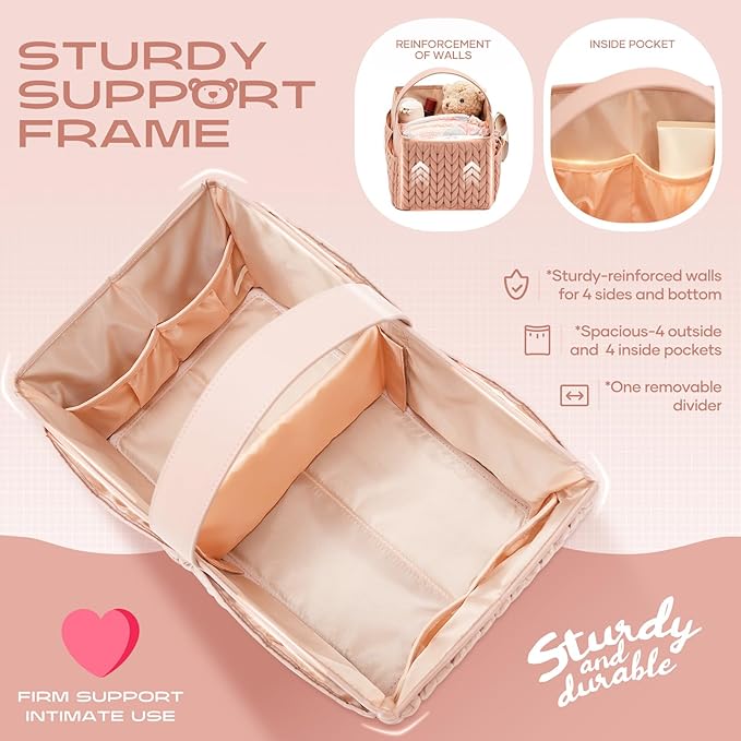 Luxurious Baby Diaper Caddy, Nursery Storage Basket for Newborn Boy and Girl, Travel Baby Basket for Diapers Baby Wipes, Organizer Tote Bag Storage Bin, Baby Shower Gifts(dusty rose)