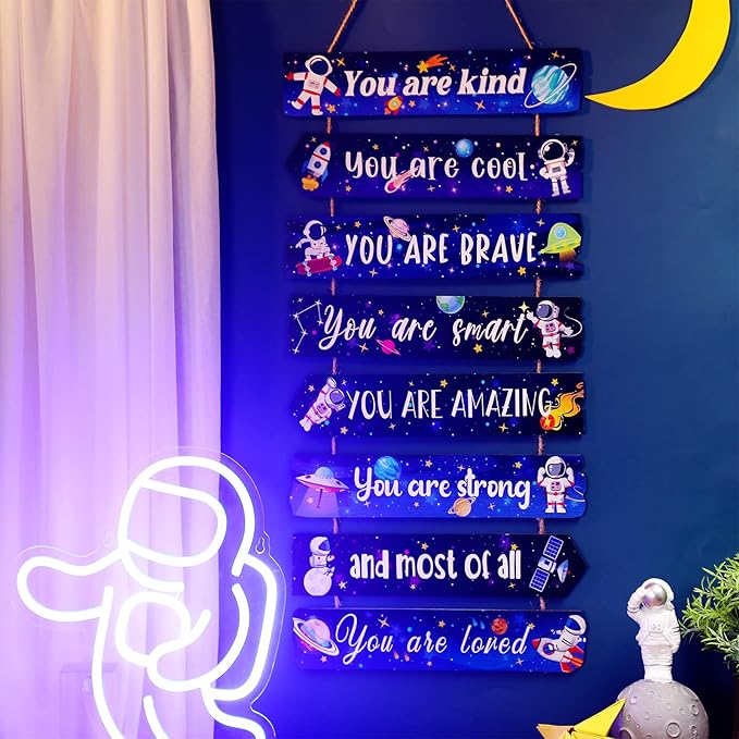 Inspirational Girl Room Decor Aesthetic Art Wall Hanging Sign Inspiring Colorful Rainbow Wooden Decoration for Kids Teens Toddler Boy Baby Bedroom Nursery Dorm Decor, 6-12 Years old (Space)