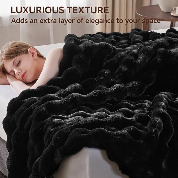 Faux Fur Throw Blanket, 1000GSM Fluffy Soft Bubble Blanket for Couch Bed, Cozy Plush Warm and Thick Blanket, Fuzzy Rabbit Throw for Living Room Bedroom 80''*90'' Black