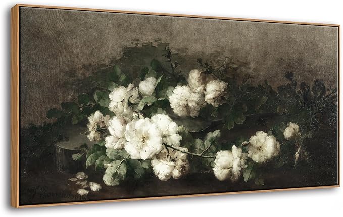 DJSYLIFE Framed Vintage Flower Canvas Wall Art, White Rose Still Life Painting Prints for Bedroom Decor, Classical Floral Pictures for Living Room Home Decorations, Ready to Hang 20"x40"