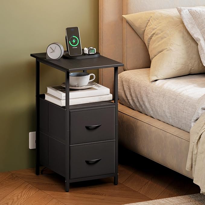 Somdot End Table with Charging Station,Narrow Side Table with 2 Fabric Drawers,Skinny Nightstand with Storage,Small Slim Bedside Table for Living Room,Sofa,Bedroom,Couch,Black