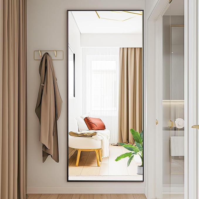 DUMOS Full Length Mirror with Stand 58"x19" Floor Standing Aluminum Frame for Bedroom Body Hanging Leaning Modern Simple Home Decor Shatter-proorf Nano Glass Wall Living Room Cloakroom, Black
