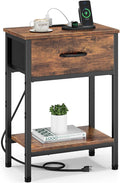 Vagusicc Nightstand with Charging Station, End Table with Fabric Drawer, Small Side Table with 2-Tier Storage Shelves, 25.4" Tall Bedside Table, Night Stand for Bedroom Living Room Dorm, Rustic Brown