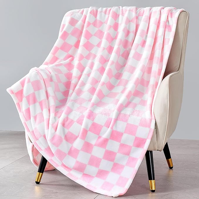 Pink Checkered Blanket, Ultra Soft Fleece Checkered Throw Blankets for Couch Bed and Travel, Luxury Throws for All Seasons, 60x80 Inch, Pink
