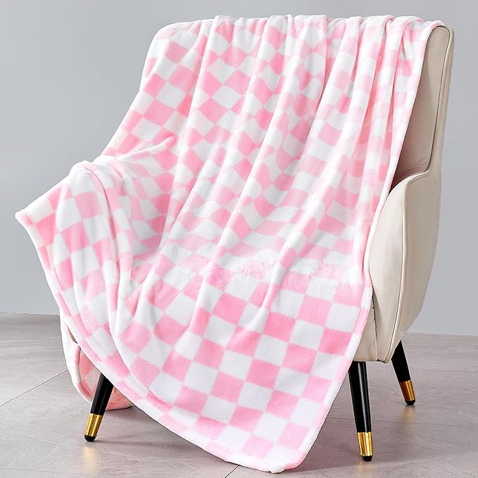Pink Checkered Blanket, Ultra Soft Fleece Checkered Throw Blankets for Couch Bed and Travel, Luxury Throws for All Seasons, 50x60 Inch, Pink
