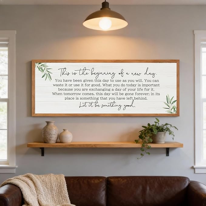 The Beginning of a New Day Wall Art – 40x15 Inch Wooden Framed Inspirational Sign with Motivational Message, Large Rustic Wood Frame Wall Decor for Living Room, Office, Entryway, Natural