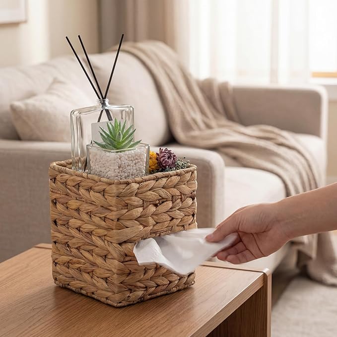 Water Hyacinth Tissue Box Cover with Storage Tray, Rattan Wicker Box Holder Boho Handwoven Napkin Organizer for Desktop, Nightstand and Bathroom, Natural Modern Home Decor