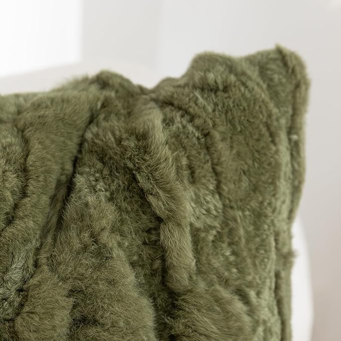 MOOX Rabbit Fur Throw Pillow Covers Decorative Fluffy Soft Fuzzy Plush Luxury Genuine Animal Skin Lumbar Pillow 18"x18" Cushion Cover, Dark Green