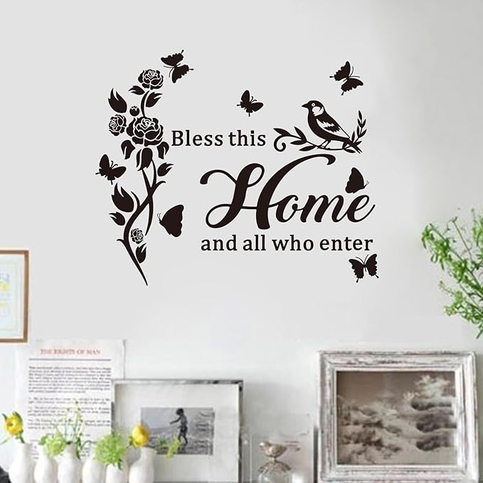 Family Wall Stickers for Living Room: Inspirational Home Quotes Vinyl Art Wall Decals for Kitchen Dining Room Bedroom Bathroom Apartment - Bless This Home and All Who Enter 18" X 15"