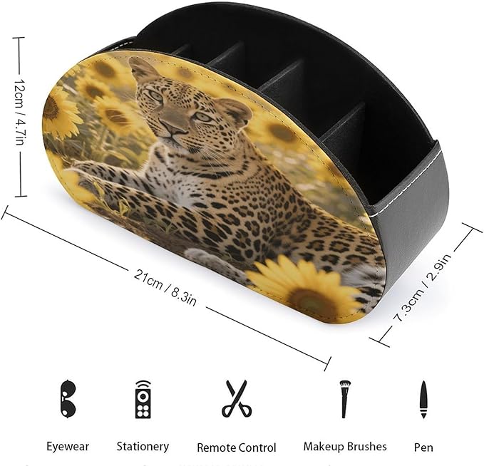Sunflower Leopard Remote Control Holder Organizer Box with 5 Compartment PU Leather Bedside Storage Caddy Remote Organizer for Controller Media Player Pen/Pencil Storage