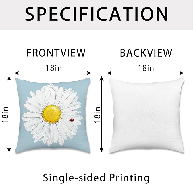 Hexagram Summer Spring Pillow Covers 18x18 Set of 4, Floral Daisy Outdoor Decorative Throw Pillow Covers, Blue Farmhouse Cushion Case for Couch Sofa Living Room Bedroom Home Indoor Decor(No Insert)