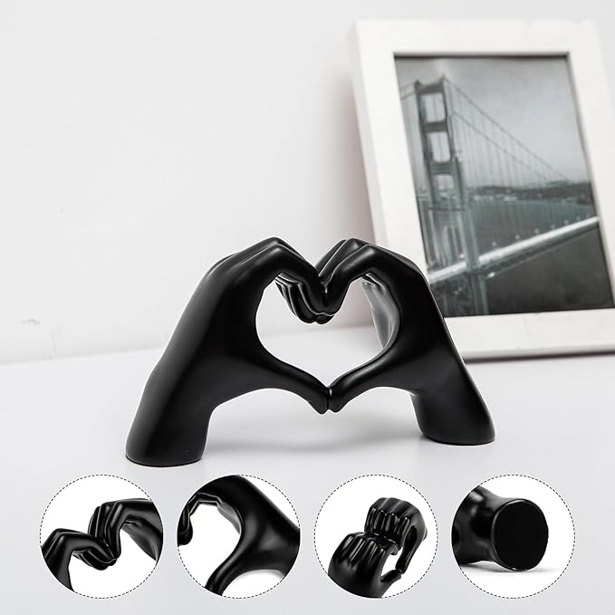 FANTESTICRYAN Medium Heart Hands Statues Black Hand Love Sculpture Decorative Home Decor Ornaments for Living Room, Wedding, Bedroom, Office Desktop, Cabinets, Bookshelf (Medium Black)