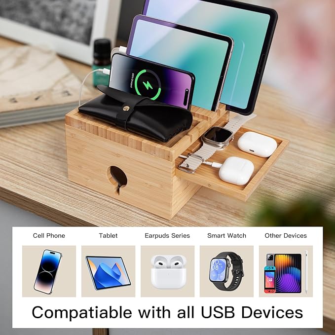 Bamboo Charging Station for Multiple Devices, Nightstand Docking Station with Small Tray, Desktop Wood Charger Organizer, Compatible with Cell Phone, Tablet, Earphones (No Cables)