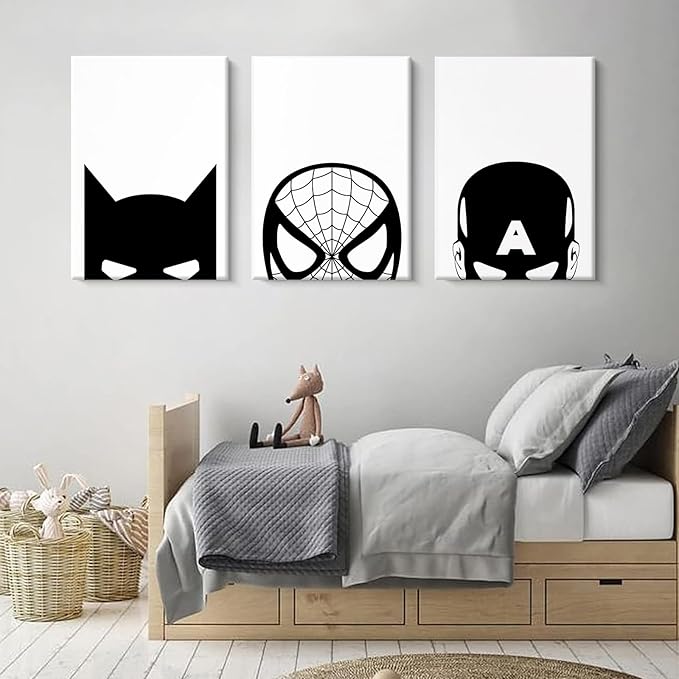 Pennclys Superhero Spiderman Canvas Wall Art Black and White Wall Art Superhero Posters Spiderman Pictures Painting Wall Decor Superhero Poster for Living Room Bedroom 12x16x3 Inch Ready to Hang