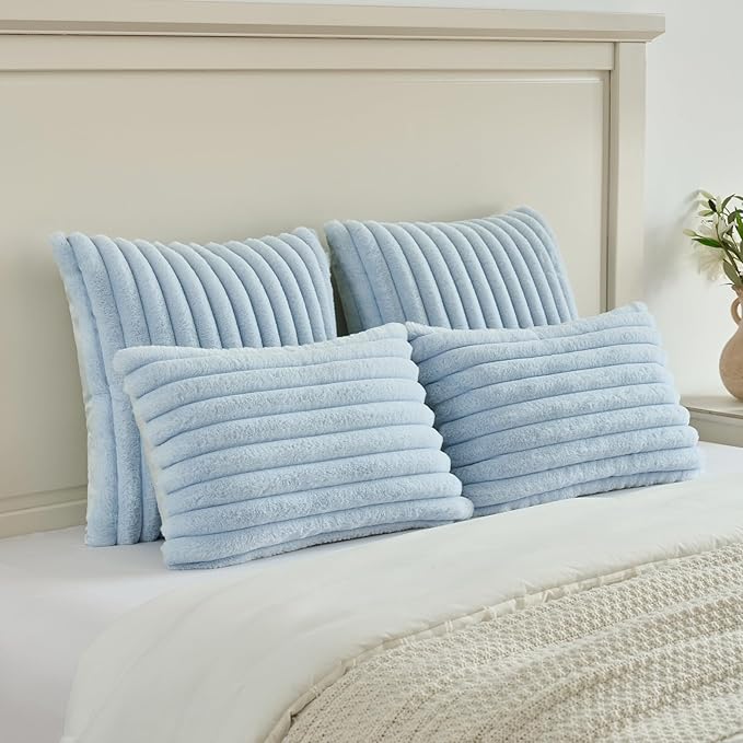 FUTEI Light Blue Decorative Throw Pillow Covers Set of 2, 24x24 Inch Soft Fluffy Faux Fur Plush Striped European Cushion Cases, Modern Home Decor for Couch Bed Living Room