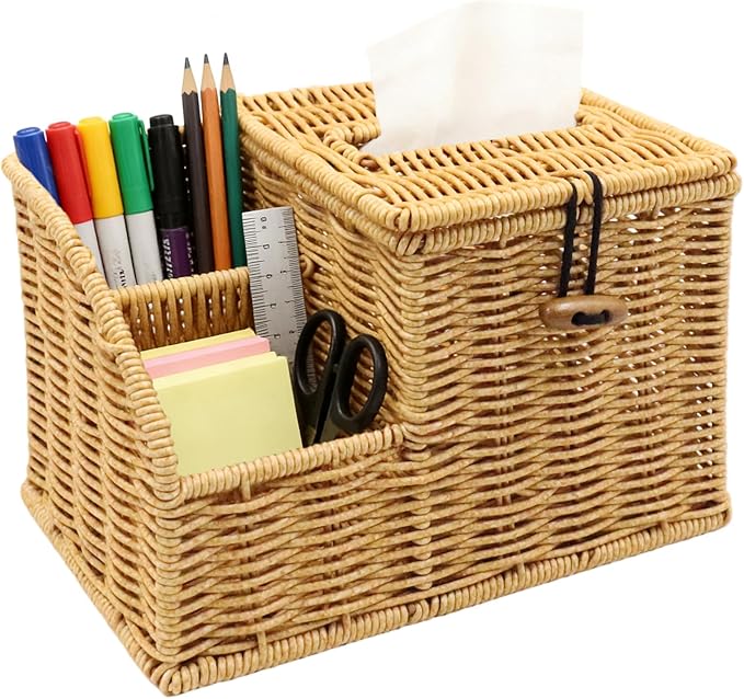 Tissue Box Cover Square, Cube Tissue Box Holder, Tissue Box Cover and Storage, Wicker Tissue Box Holder with Remote Organizer, Bedside Nightstand Organizer for Bedroom/Bathroom/Office/Countertop