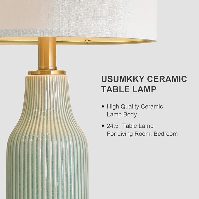 24.5" Modern 3-Way Dimmable Touch Control with 5FT Cord and USB A+C Ceramic Lamps Set of 2 Table Lamp for Living Room Bedroom Farmhouse Nightstand Bedside Green
