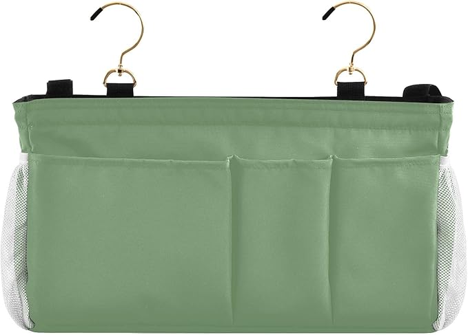 DOMIKING Sage Green Bedside Caddy for Dorm Bed Recliner Armrest Organizer with Hooks Haning Storage Pocket for Couch Recliner Remote Control