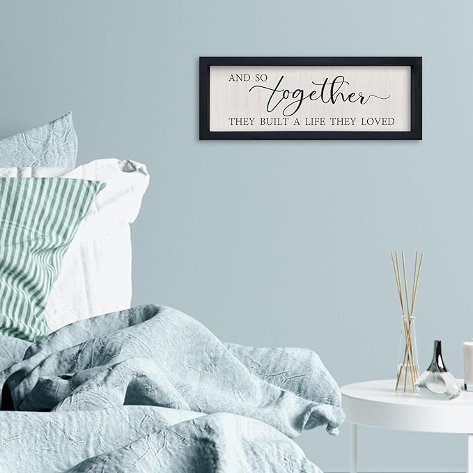 SRSZHIYUE And So Together They Built A Life They Loved Wall Decor 16"×6" Master Bedroom Above Bed Sign Wood Framed Wall Hanging Art (Black)