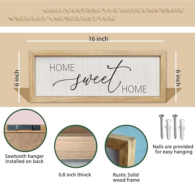 comurdyo Living Room Home Sweet Home Sign Wall Decor 16"×6" Small Home Vintage Farmhouse Minimalist for Wood Framed Dining Room Wall Plaque Hanging Horizontal Art Decor (Wood)