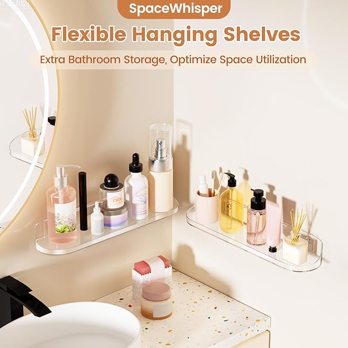 SpaceWhisper Floating Shelves for Wall, 6-Pack 15" Wall Shelves for Bathroom, Bedroom, Kitchen, Living Room, Display Hanging Shelf Organizer for Book, Picture Ledge, Figure Storage, Room Decor (Clear)