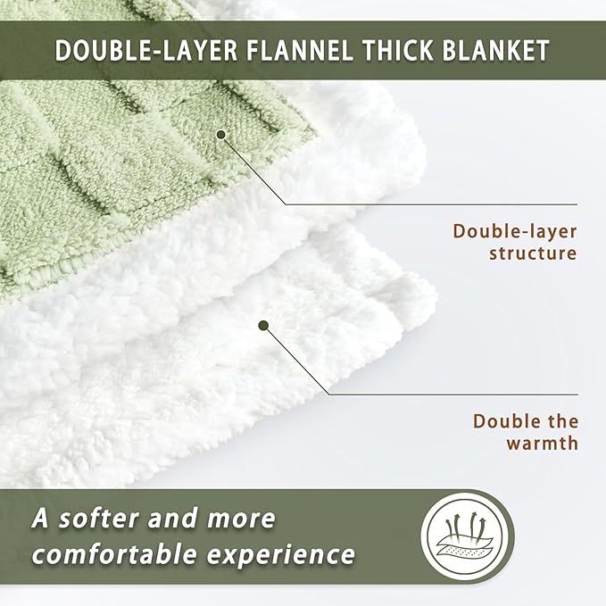 Sherpa Throw Blanket for Couch, Flannel Cozy Soft Thick Blanket for Bed - Fleece, Sage Green, 60x80 Inches