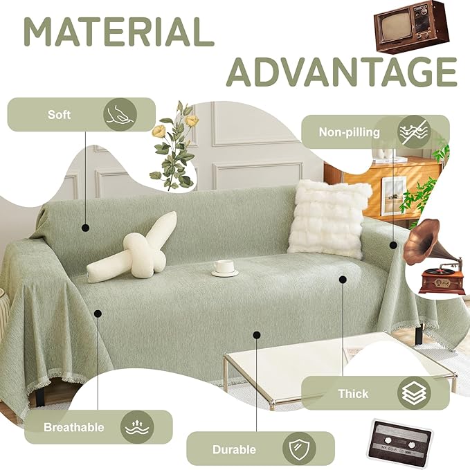 HANDONTIME Sage Green Sofa Cover, Soft Chenille Couch Slipcover with Tassels, Washable Sofa Protector for Pets & Kids, Pet Couch Cover Fit 3 Cushion Couch, Loveseat Cover Breathable Durable, 71"x150"