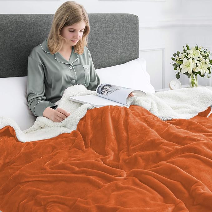IR Imperial Rooms Sherpa Blankets Queen Size - Thick and Warm Burnt Orange Blankets for Winter, Reversible Soft and Fuzzy Fluffy Queen Size Blanket for Bed, Rust, 90x90 Inches