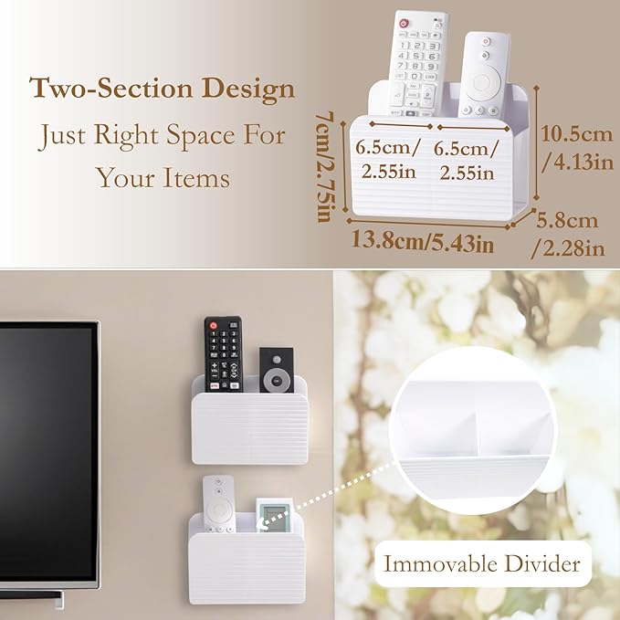 LINFIDITE 2 Pack Adhesive TV Remote Control Holder Wall Mount TV Remote Holder For Bedside Wall Remote Control Caddy Storage Organizer Stand Box （For 2 Or 4 Remote Controls – White ）