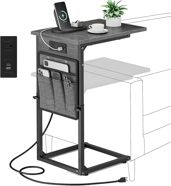 Vagusicc C Shaped End Table with Charging Station, C Table End Table Adjustable Height, Small Side Table for Couch, Sofa Table Slide Under Couch TV Tray Arm Table for Living Room, Bedroom, Gray Walnut
