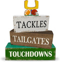4 Pcs Football Table Decorations Wooden Football Tiered Tray Decor Sport Game Centerpiece Block Sign for Tailgate Birthday Party Tabletop Desk Shelf Mantel Fireplace Home Decor