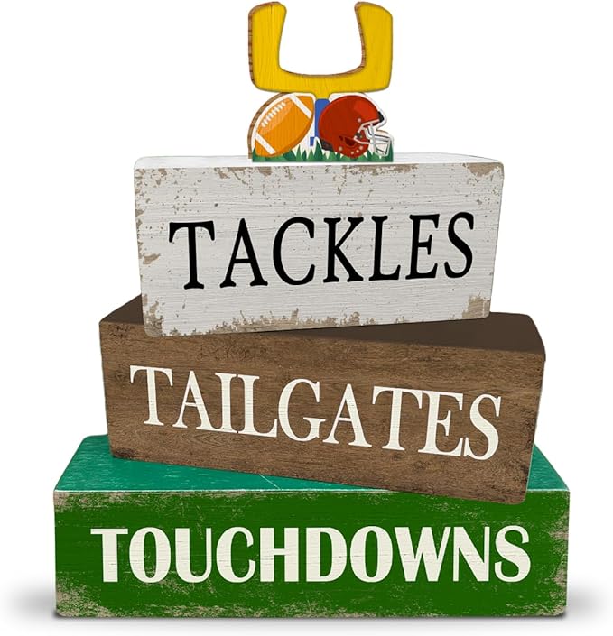 4 Pcs Football Table Decorations Wooden Football Tiered Tray Decor Sport Game Centerpiece Block Sign for Tailgate Birthday Party Tabletop Desk Shelf Mantel Fireplace Home Decor
