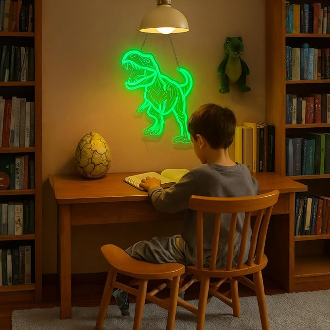 Dinosaur Neon Sign for Wall Decor, USB Dimmable Green LED Night Light for Boys Bedroom, Jurassic Party Decorations, Birthday, Halloween and Christmas Gift, 15.5 x 13 inch
