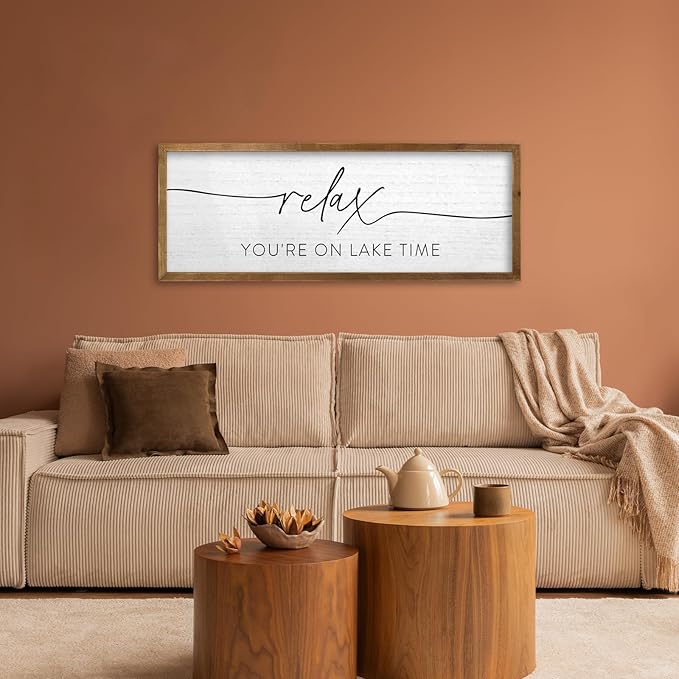 TQianJiang Relax You're On Lake Time Wall Decor 40"×15" Lake House Bedroom Sign Large Wood Framed Wall Hanging Art (Wood)