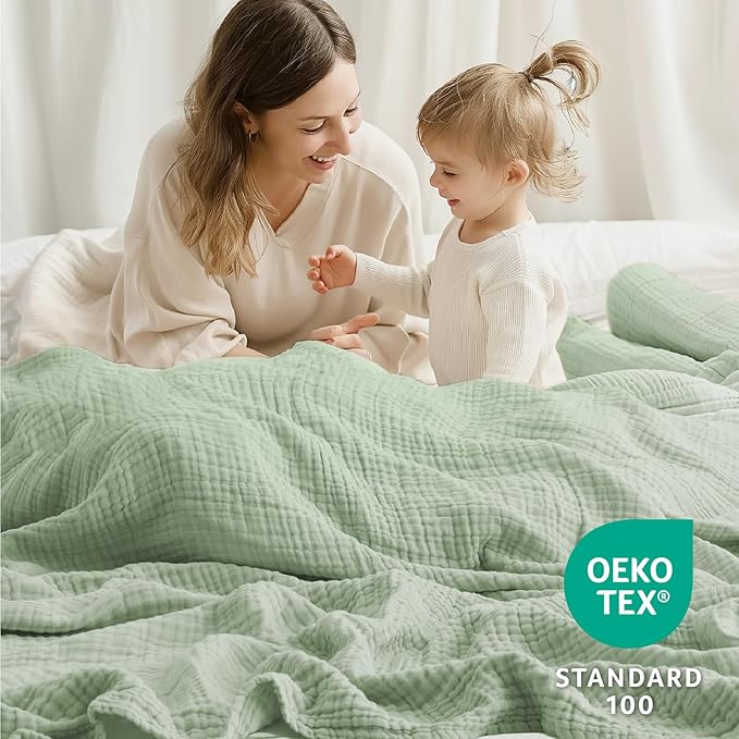 100% Cotton Muslin Blanket California King 120" x 90", 6 Layers Breathable and Lightweight Oversized Blankets for Bed, Soft Cooling Gauze Blanket for Adults All Season, Sage Green