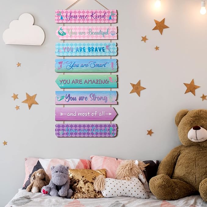 Inspirational Girl Room Decor Aesthetic Art Wall Hanging Sign Inspiring Colorful Rainbow Wooden Decoration for Kids Teens Toddler Boy Baby Bedroom Nursery Dorm Decor, 6-12 Years old (Mermaid)