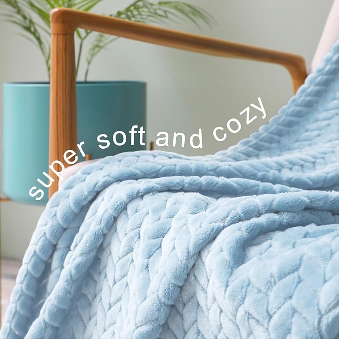 Exclusivo Mezcla Fleece Twin Size Blanket for Bed, 60x80 Inches Soft Cozy Jacquard Flannel Blankets, Lightweight Fuzzy Plush Warm for Women, Light Blue