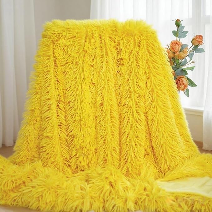 Luxury Shaggy Throw Blanket, Long Pile Plush, Bright Yellow, Soft Decorative Throw for Couch Bed,Gift for Women(51"x63",Bright Yellow)