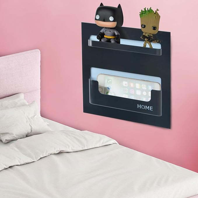 Bedside Shelf with Strong Sticky Gel,Wall Mount Organizer Holder for Cell Phone,Glasses,Remote,Keys,Adhesive Wall Shelves for Bedroom,Bathroom, Kitchen,No Drill Space Saver (Horizontal Type/Black)