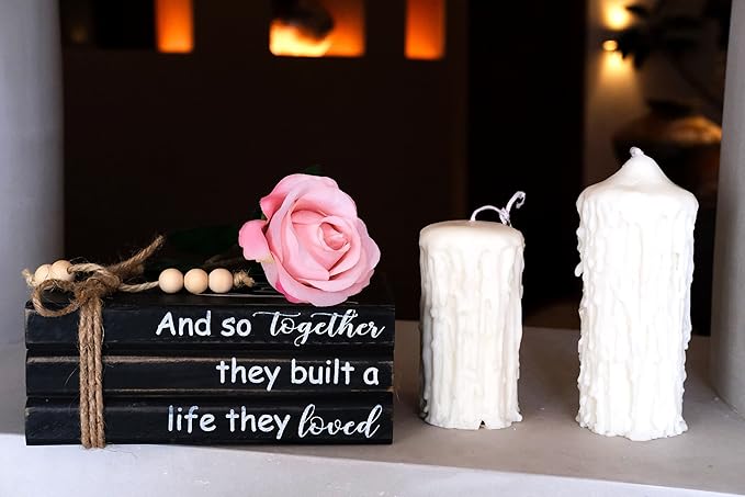LIVDUCOT Book Stack Decor Black | Farmhouse Stacked Books | Coffee Table Books Decor | Wooden Bookstack Mantle Decoration | And So Together They Built A Life They Loved 7.5x5x3'