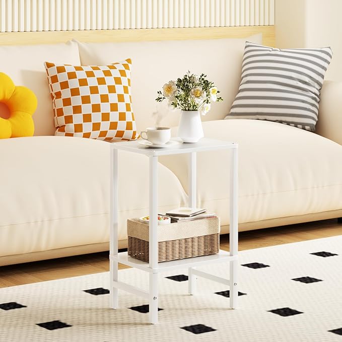 Side Table End Table Tall Night Stand 2-Tier for Living Room Bedroom Bathroom Office Furniture White