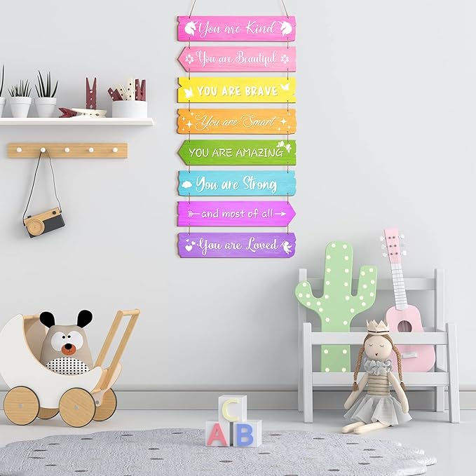 Inspirational Girl Room Decor Aesthetic Art Wall Hanging Sign Inspiring Colorful Rainbow Wooden Decoration for Kids Teens Toddler Boy Baby Bedroom Nursery Dorm Decor, 6-12 Years old(Unicorn)