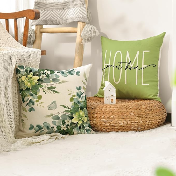AVOIN colorlife Home Sweet Home Eucalyptus Leaves Green Throw Pillow Covers, 20x20 Inch Spring Summer Seasonal Decorations for Home Set of 4