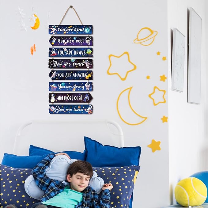 Inspirational Girl Room Decor Aesthetic Art Wall Hanging Sign Inspiring Colorful Rainbow Wooden Decoration for Kids Teens Toddler Boy Baby Bedroom Nursery Dorm Decor, 6-12 Years old (Space)