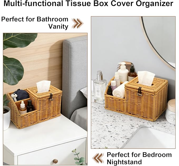 Square Tissue Box Cover with Storage, Multifunction Cube Tissue Box Holder, Farmhouse Wicker Remote Control Nightstand Organizer Caddy for Bathroom, Home, Office Decor, Kitchen Countertop