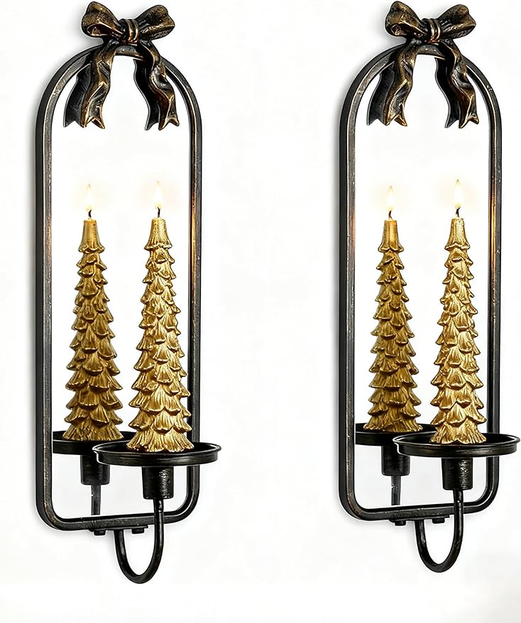 Candle Sconces Black Wall Decor: Set of 2 Metal Wall Candle Holder Decorative for Taper Pillar Candles - Vintage Bow Sconces Art for Fireplace Bathroom Livingroom