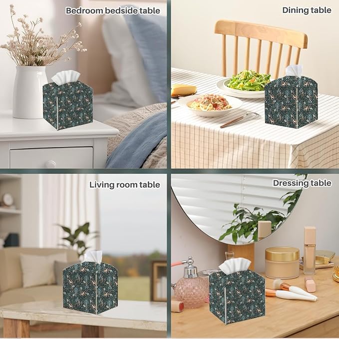 Tissue Box Cover, Tissue Box Holder, Square with Belt Bottom, PU Leather Decorative Organizer for Desk, Tabletop, Countertop Bathroom, Toilet, Car, Bedside, Dresser Kitchen, Deer Deep Forest Decor
