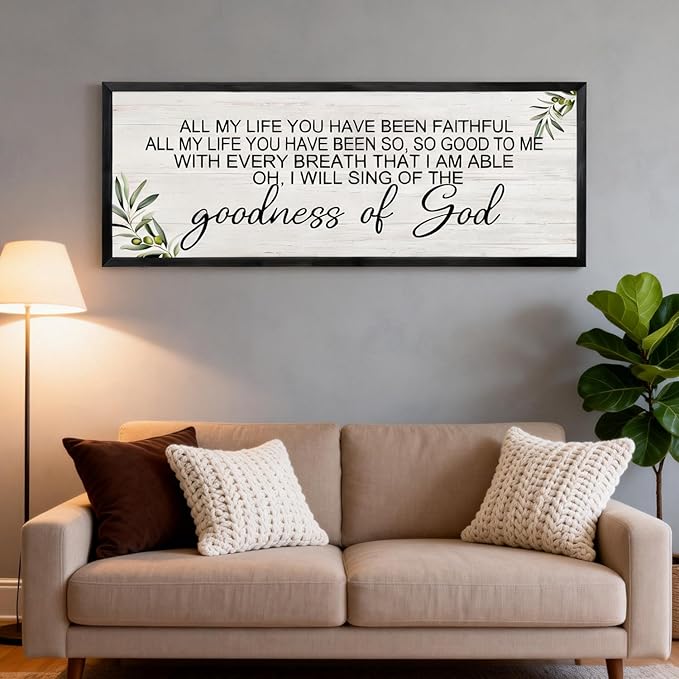 Goodness of God Christian Wall Decor: 40x15 Inch Large Framed Christian Inspirational Wall Art, Religious Scripture Quote Wooden Sign, Black Frame Christian Home Decor for Living Room Bedroom, Black