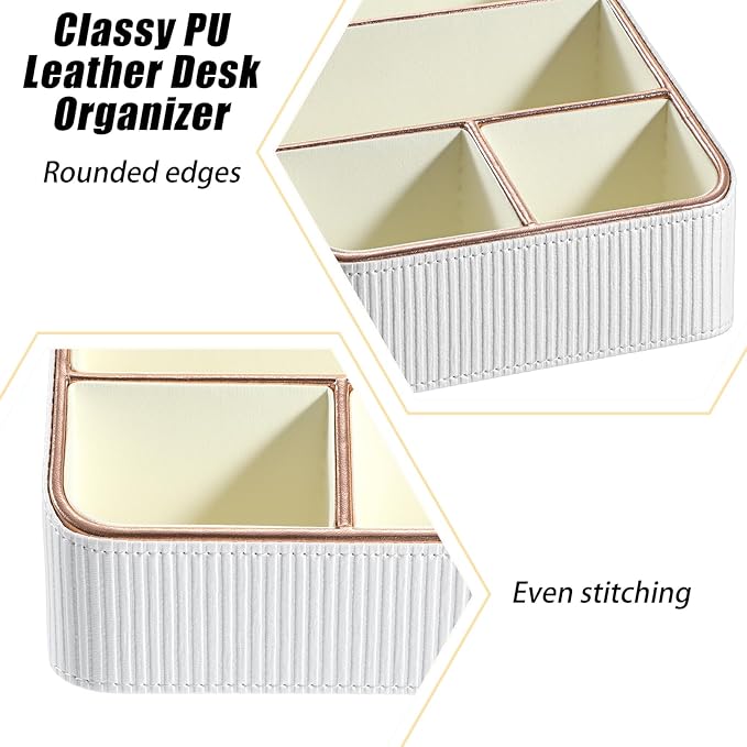 1 Pieces Remote Control Holder with 4 Compartments, PU Leather Small Nightstand Organizer for Home Desk Accessories Office Supplies, Multifunctional Stylish Small Bedside Desktop Organizers (White)