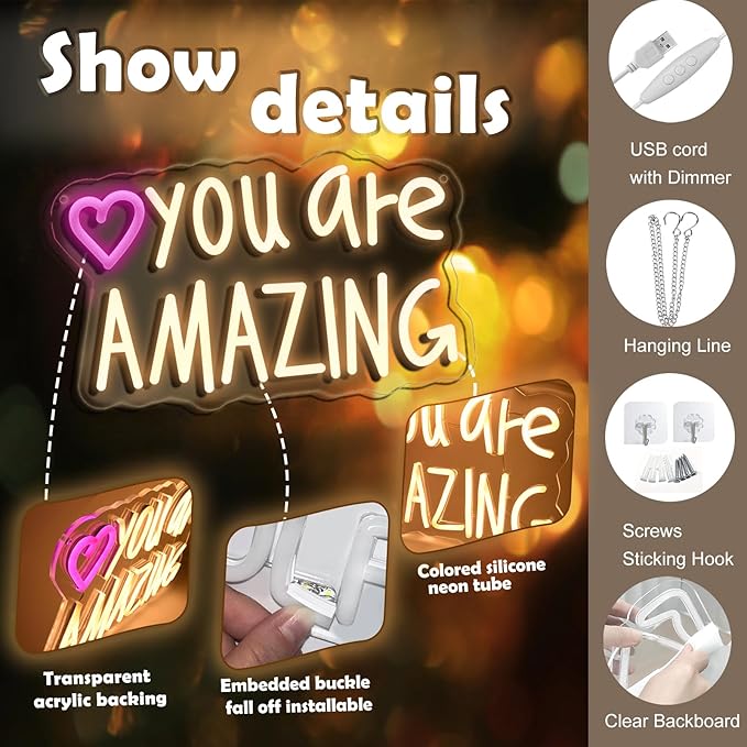 You Are Amazing Neon Sign Wall Decor for Bedroom Class Room Bar Pub Club Nursery Hanging,Dimmable USB Pink Led Light for Wedding Birthday Party Women Christmas Gifts